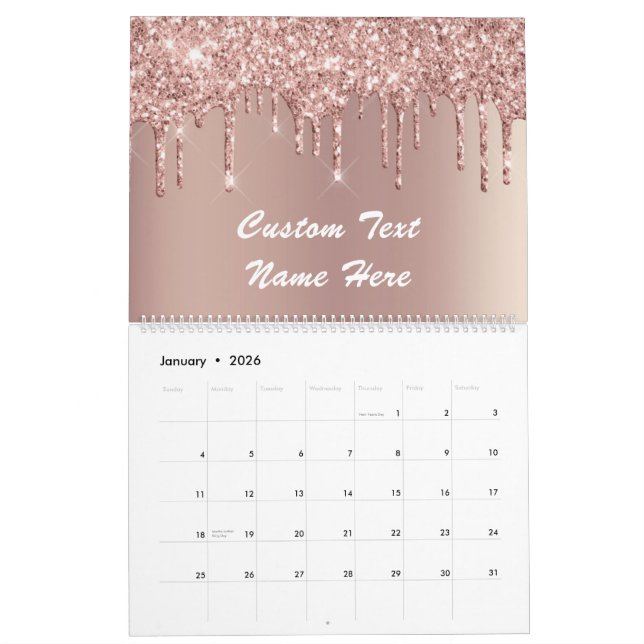 Calendario Rosa Purpurina dorado Personalizado Nombre de text (Jan 2026)