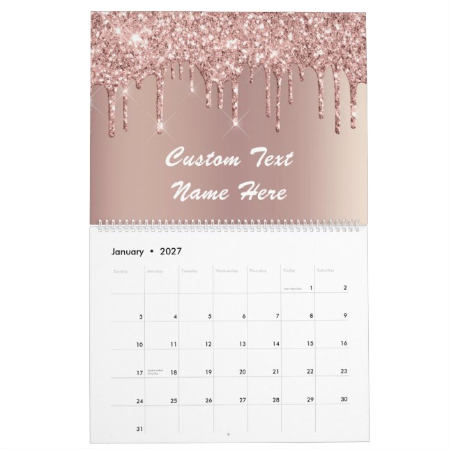 Calendario Rosa Purpurina dorado Personalizado Nombre de text (Jan 2027)