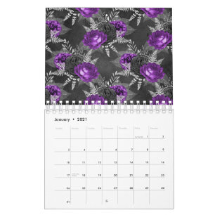 Calendario Rosas Moradas Negras Hojas de Plata Jardín Oscuro