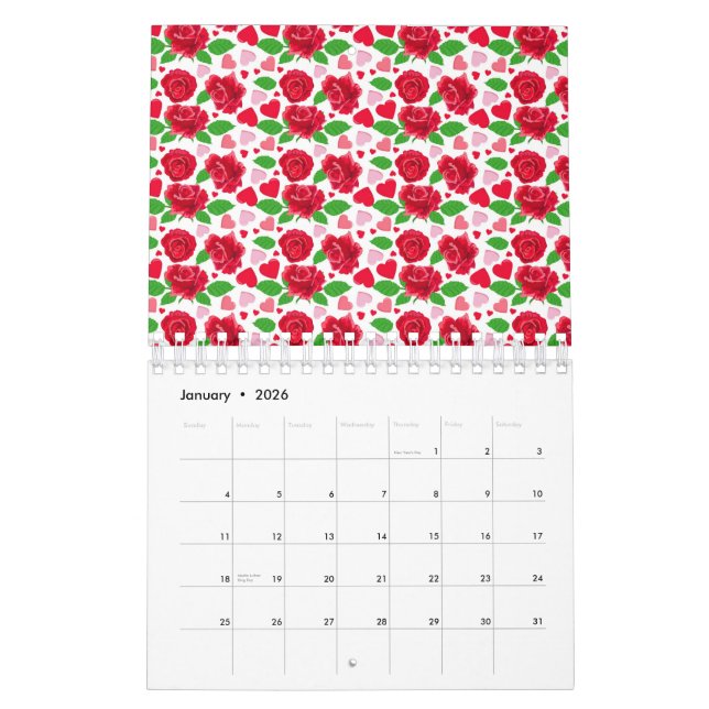 Calendario Roses Rojos Rosa Corazones rosados Feliz Día de Sa (Jan 2026)