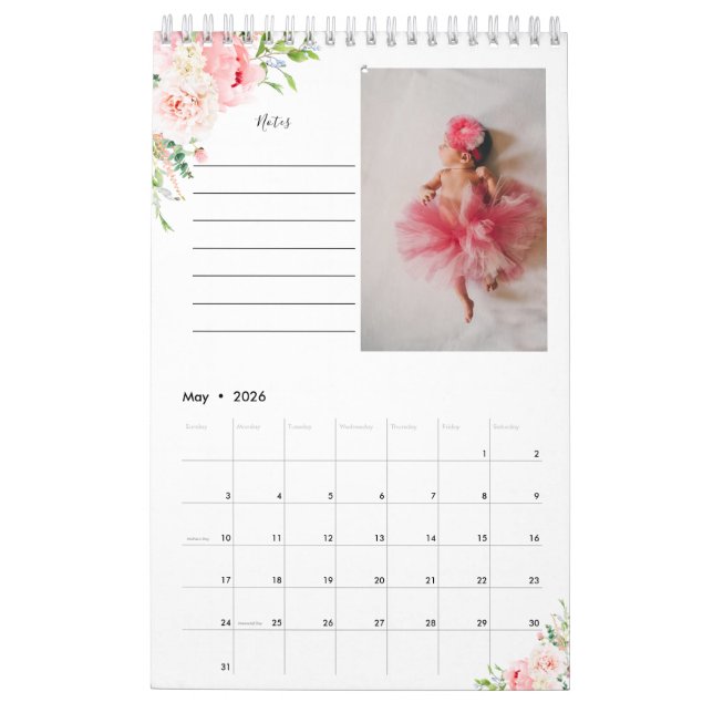 Calendario Rubor Pink Floral Photo Calendar con Notas (May 2026)