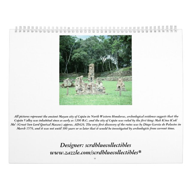 Calendario Ruinas mayas de Copan Antiguas Honduras Foto Diseñ (Reverso)