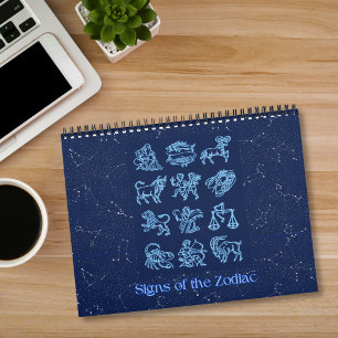 Calendario Signos del Zodiaco sobre Azul Medianoche