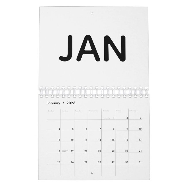 Calendario Simple Black and White 2026 (Jan 2026)