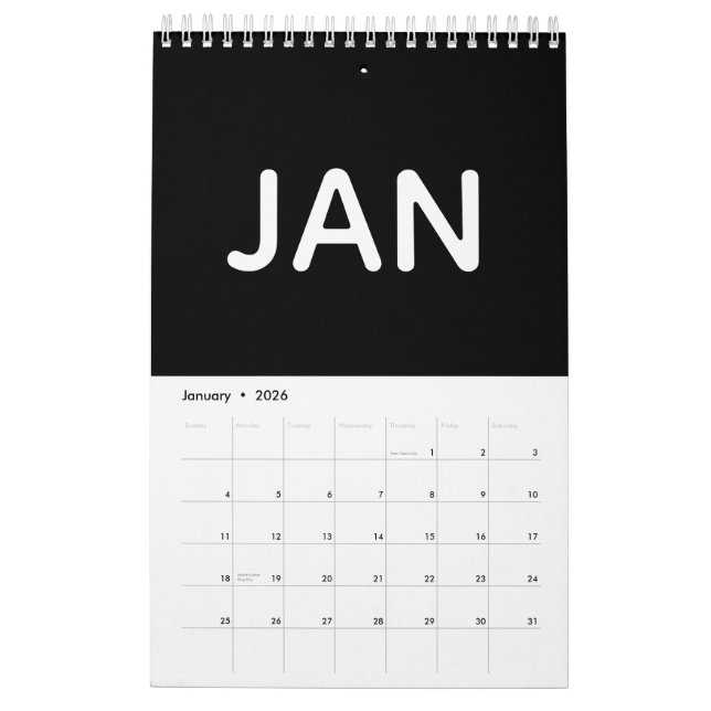 Calendario Simple Black and White Minimalist 2026 (Jan 2026)