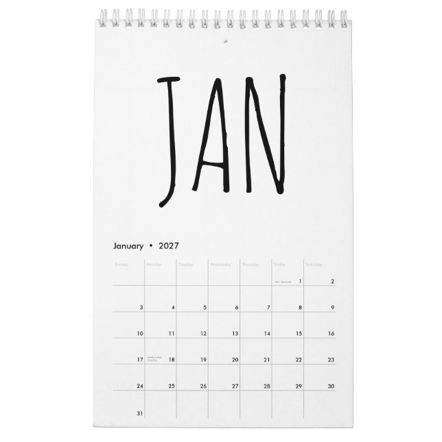 Calendario Simple Black and White Script Writing 2026 (Jan 2027)