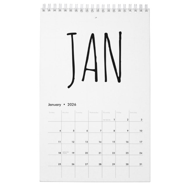 Calendario Simple Black and White Script Writing 2026 (Jan 2026)
