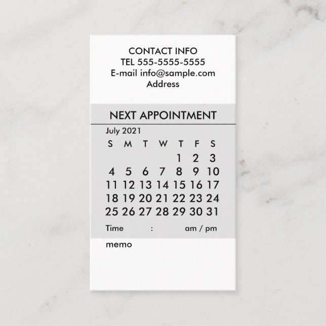 Calendario simple tarjeta de presentación de julio (Anverso)