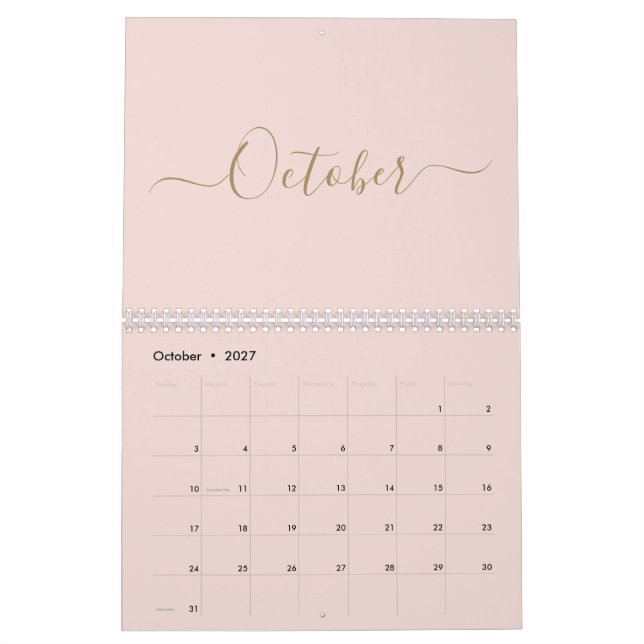 Calendario Simple y moderno guión de oro rosa rosado personal (Oct 2027)
