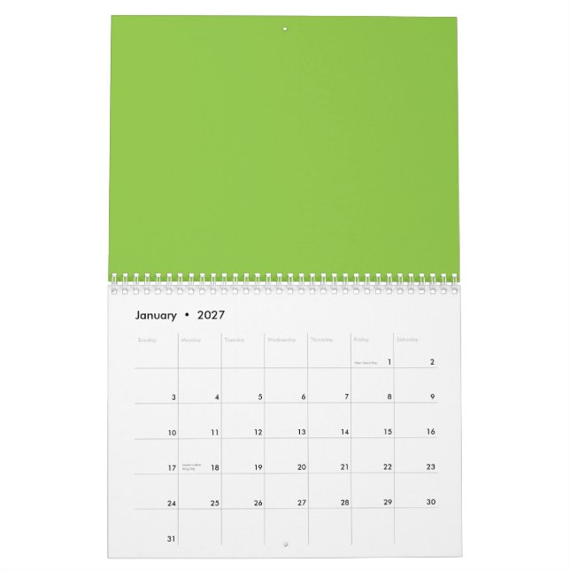 Calendario Sitio web con fondo verde y borde blanco (Jan 2027)