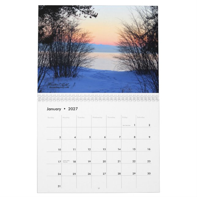 Calendario sonriente de la fotografía del lobo (Jan 2027)