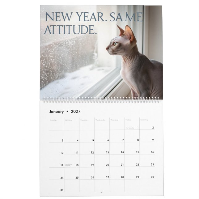 Calendario Sphynx Speaks: Editable Monthly Cat Humor Art (Jan 2027)