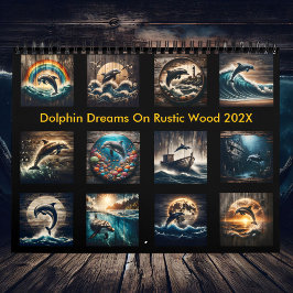 Calendario Sueños de delfines en madera rústica 2025