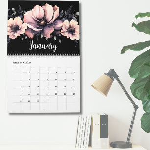 Calendario Tendencias Lindo Moderno Rosa Negro Floral