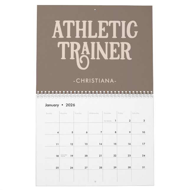 Calendario Trainer atlético de nombre personalizado (Jan 2026)