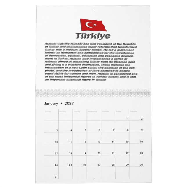 Calendario Turkiye Calender 100 aniversario de la República (Jan 2027)