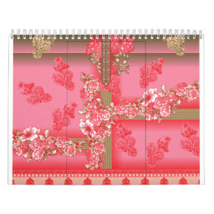 Calendario un diseño de fondo rosa y dorado con un rojo