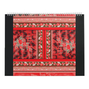 Calendario un diseño floral rojo y verde sobre un fondo negro