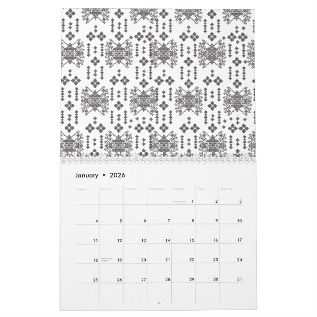 Calendario Un diseño simétrico monocromo con intricados (Jan 2026)
