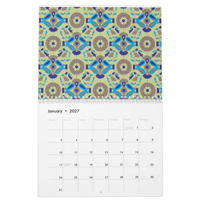 Calendario Un diseño textil simétrico con azul y/o (Jan 2027)