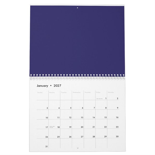 Calendario un fondo azul con un reloj (Jan 2027)