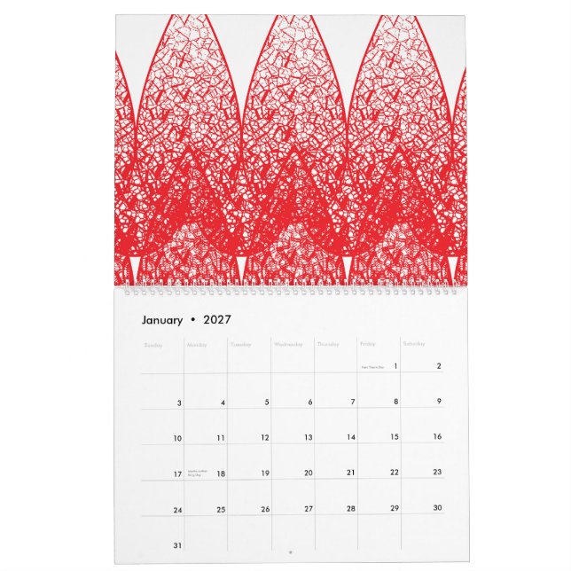 Calendario un fondo rojo y blanco con muchos puntos (Jan 2027)