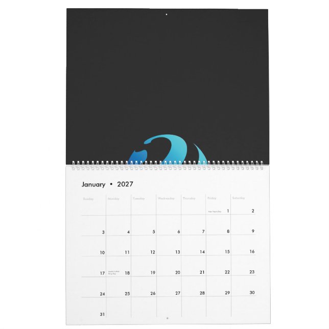 Calendario un logo negro y azul con una ola (Jan 2027)