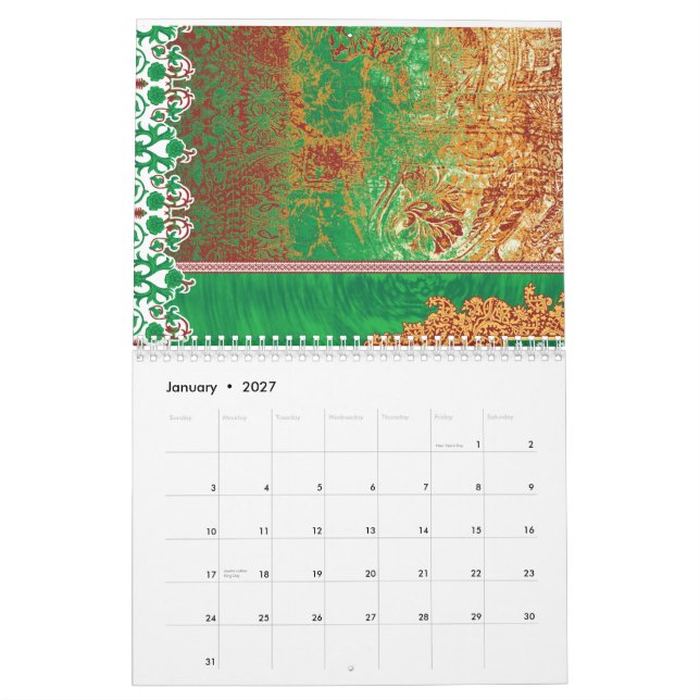 Calendario Un pañuelo indio muy bien diseñado en verde y en (Jan 2027)