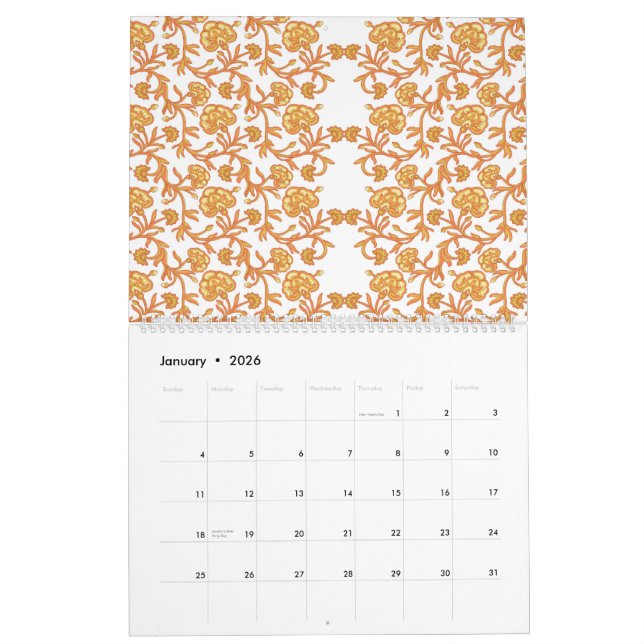 Calendario un papel pintado en blanco y naranja con un diseño (Jan 2026)