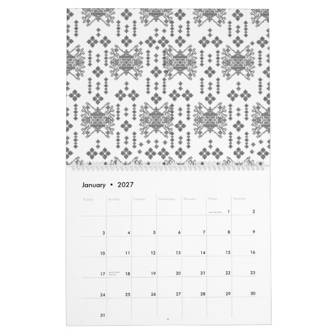 Calendario un patrón blanco y negro con fondo blanco (Jan 2027)