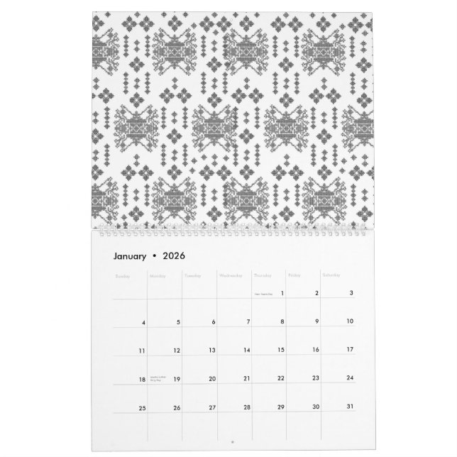 Calendario un patrón blanco y negro con fondo blanco (Jan 2026)