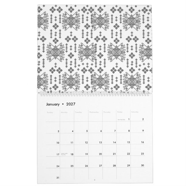 Calendario un patrón blanco y negro con fondo blanco (Jan 2027)