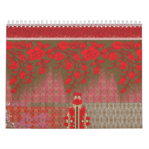 Calendario un patrón cruzado con flores y vides rojas