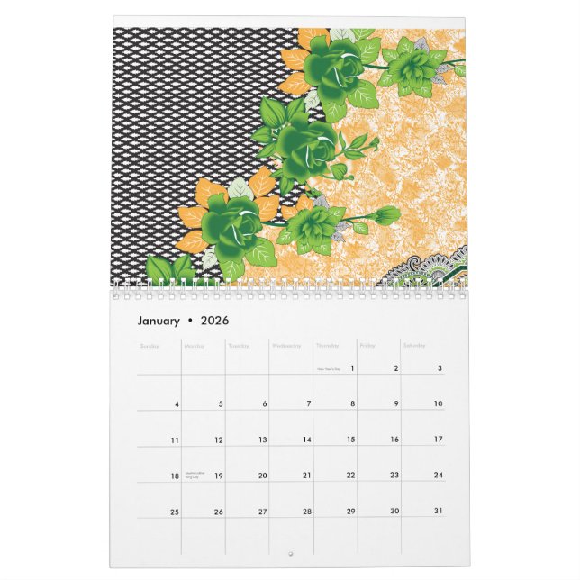 Calendario Un patrón de verde y naranja muy bien diseñado (Jan 2026)