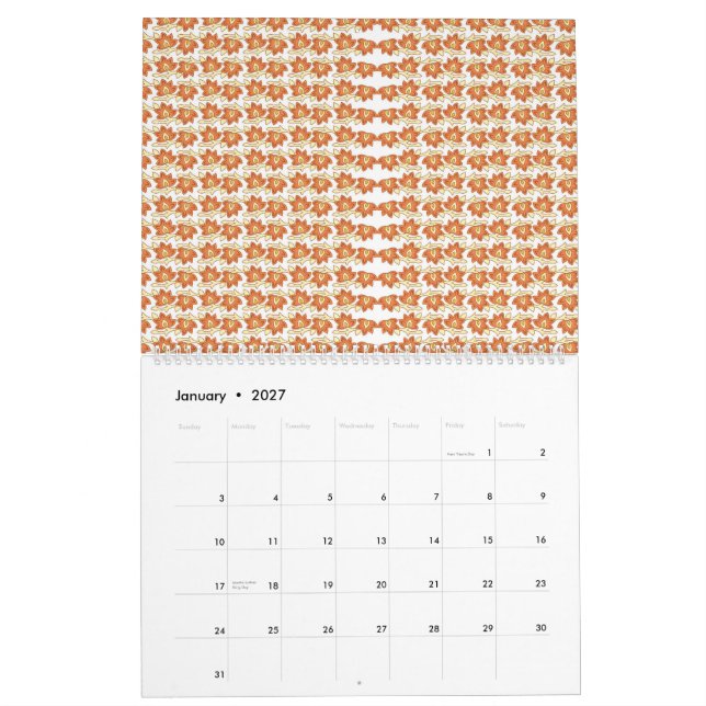 Calendario un patrón naranja y blanco sobre un fondo blanco (Jan 2027)