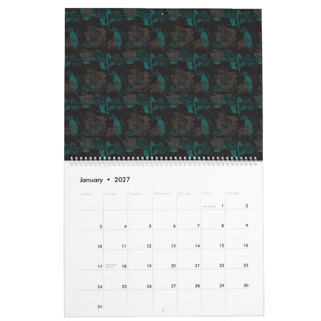 Calendario un patrón negro y verde con fondo negro (Jan 2027)