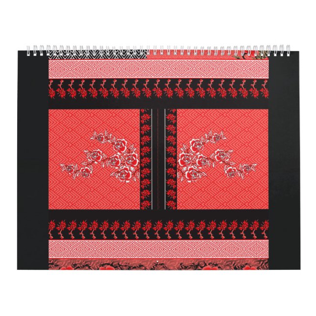 Calendario un patrón rojo y negro con flores sobre él (Tapa)