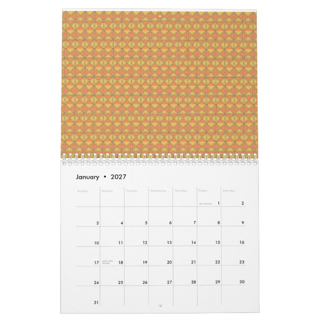 Calendario Un patrón simétrico naranja, amarillo y marrón con (Jan 2027)