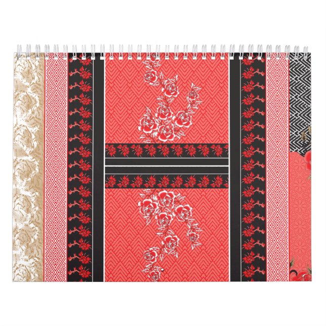 Calendario Un primer plano de la tela con motivos rojos y neg (Tapa)
