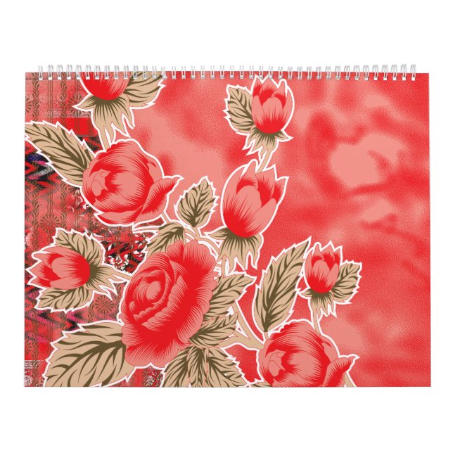 Calendario una bufanda roja con flores sobre ella (Tapa)