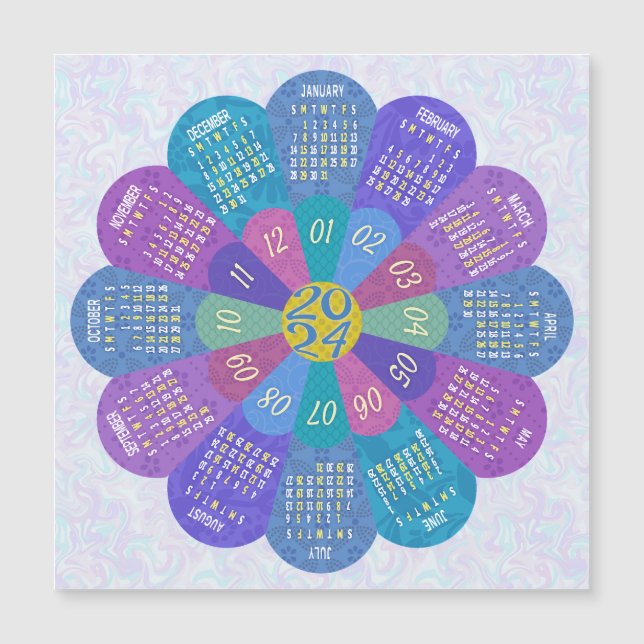 Calendario Único Boho Purple Flower Magnet 2024 (Anverso)