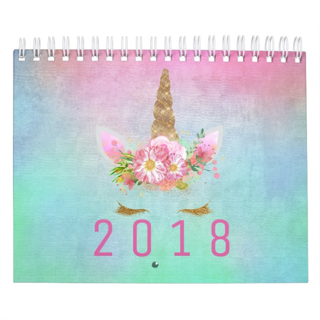 Calendario Unicorn Face Horn Purpurina Rosa Aqua Watercolo (Tapa)