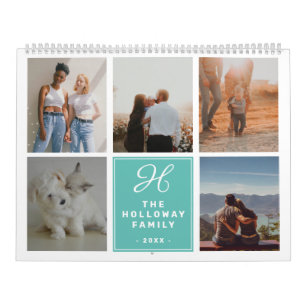 Calendario verde azulado nombre de monograma familiar moderno