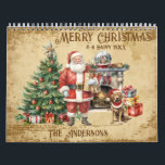 Calendario Vintage Merry Christmas Calendar<br><div class="desc">Personalizar, personalización y regalo a su familia y amigos un calendario de Navidad de mora intemporal y clásico. En la portada se puede ver una escena de Navidades magníficos en la que Papá Noel sostiene un regalo, de pie junto a un hermoso árbol de Navidad, una bonita chimenea decorada al...</div>