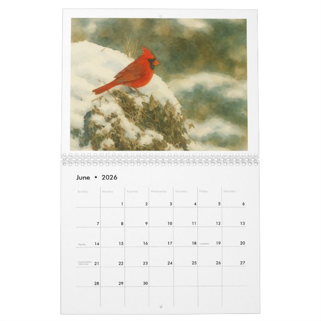 Calendario Watercolor Cardinals 2026 (Jun 2026)