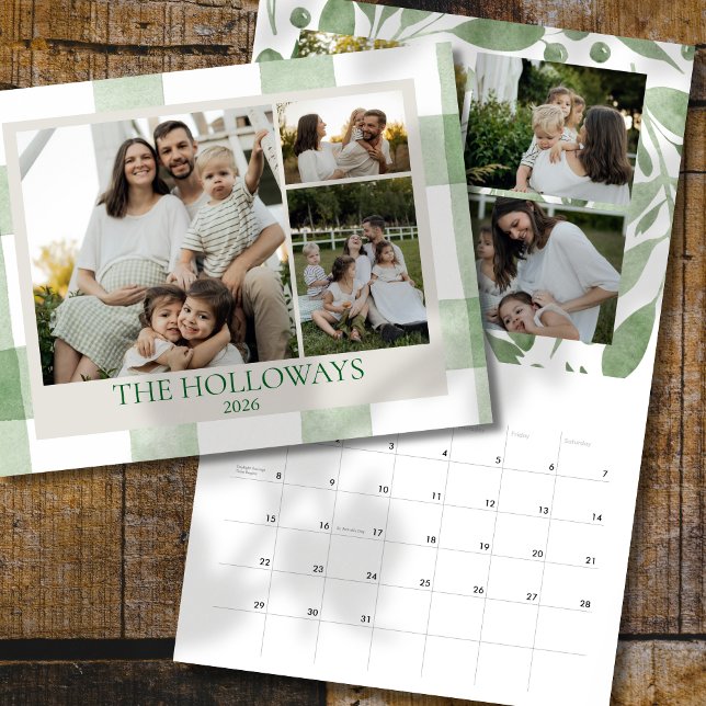 Calendario Watercolor Green Gingham Family Photo Calendar (Add a personal touch to your family calendar with this Green Gingham Family Photo Calendar!)
