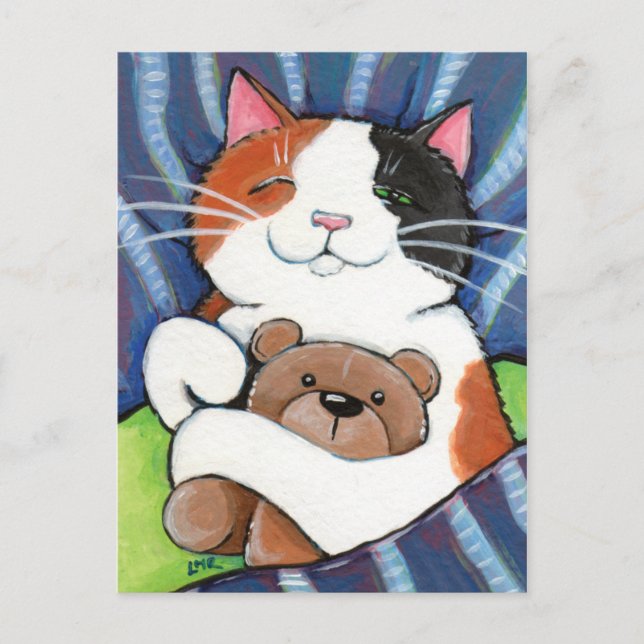 Calico Cat y Teddy Bear | Postales de arte gato (Anverso)