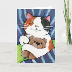 Calico Cat y Teddy Bear   Tarjeta de saludo de art
