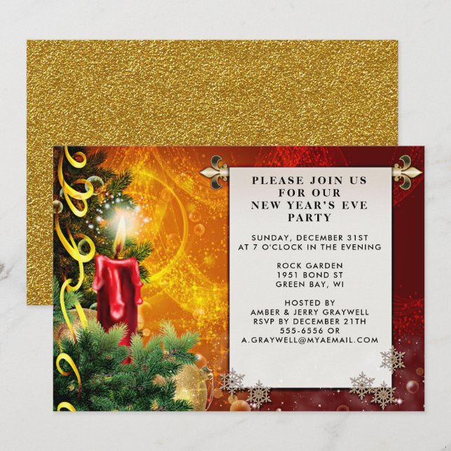 Cálida tarjeta de invitación para fiesta de Año Nu (Anverso / Reverso)