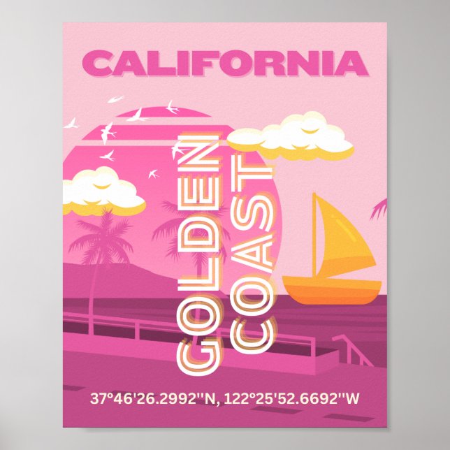 California, arte de viajes, preppy, rosa (Frente)